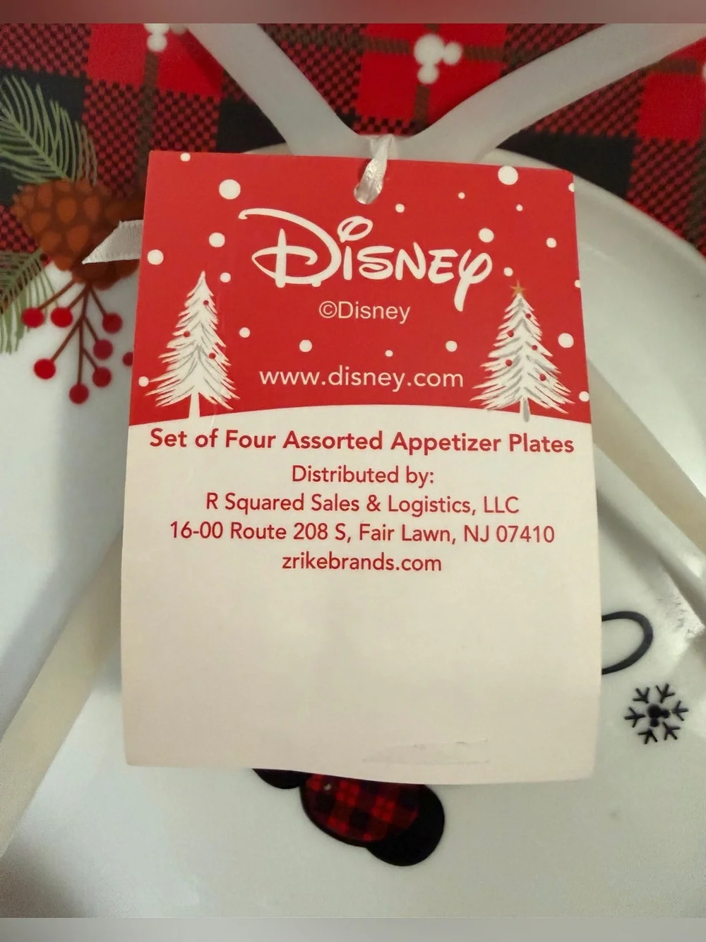 Disney Mickey Minnie Christmas Plaid Appetizer Plates Set 4 Ceramic NWT Zrike